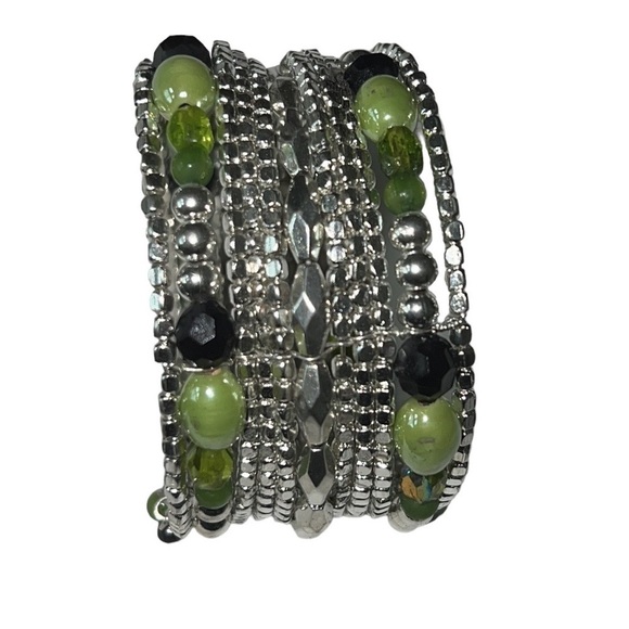 BEADED BOHO SILVER TONE CUFF BRACELET - Picture 1 of 8
